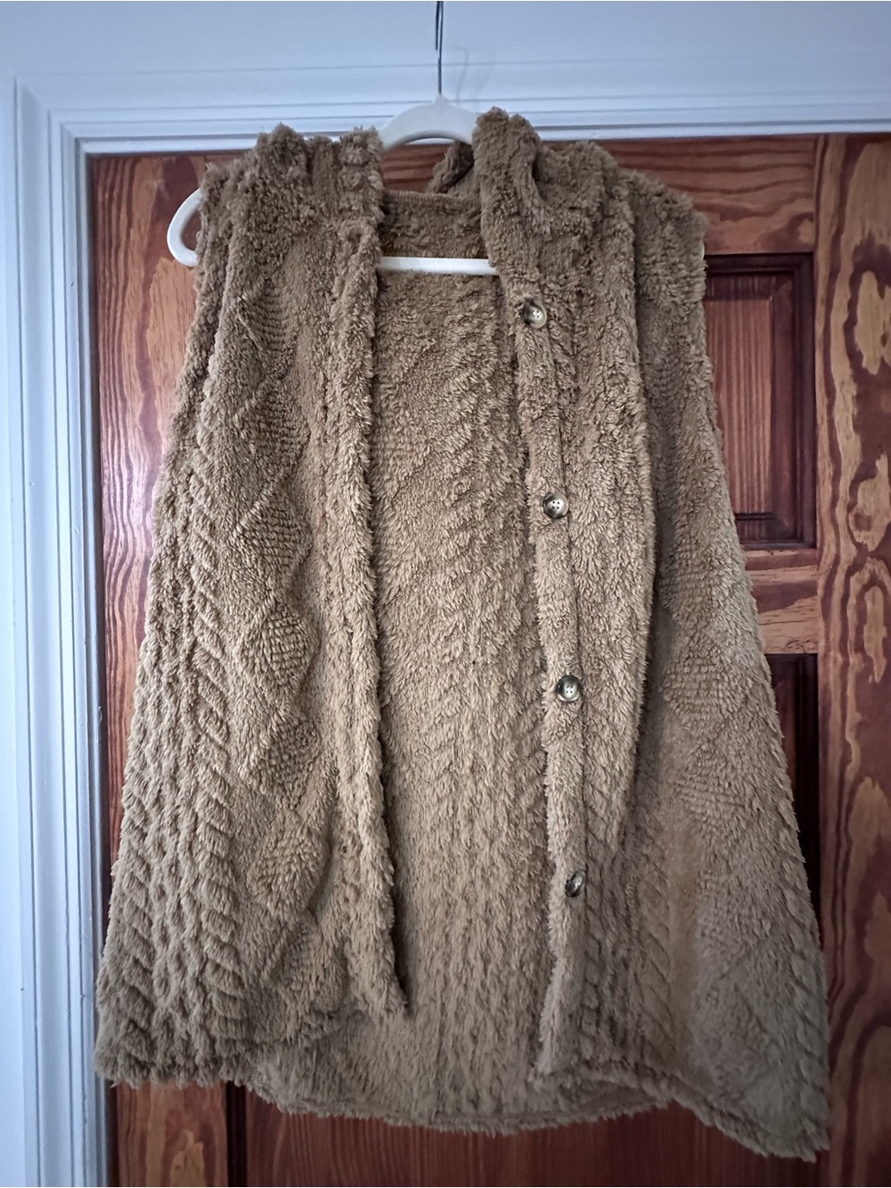 SHEIN Plush Hooded Button-Up Cardigan in Tan